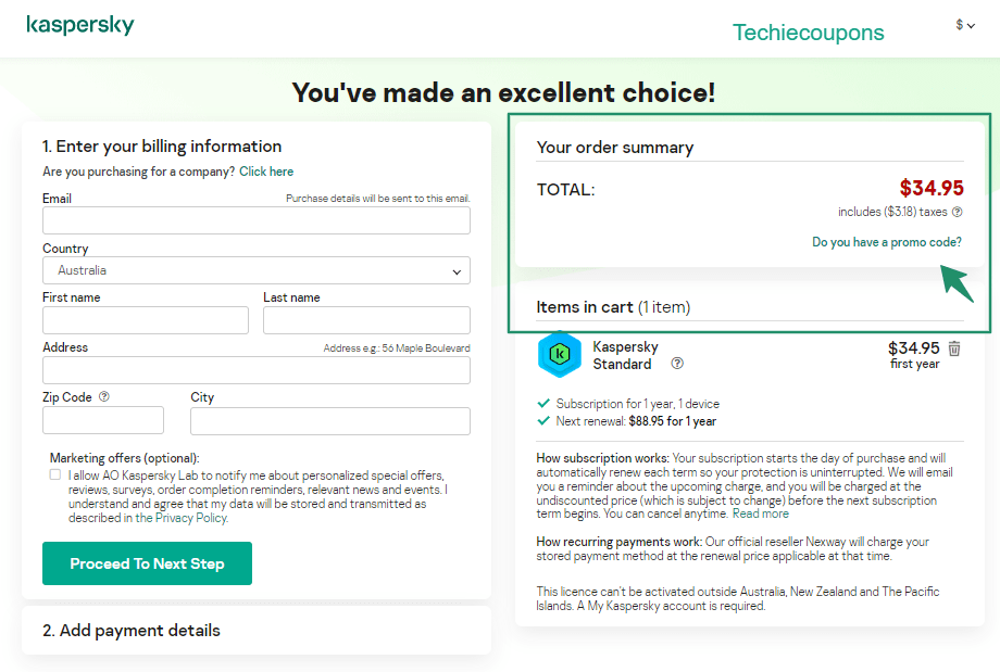 Kaspersky Payment Page