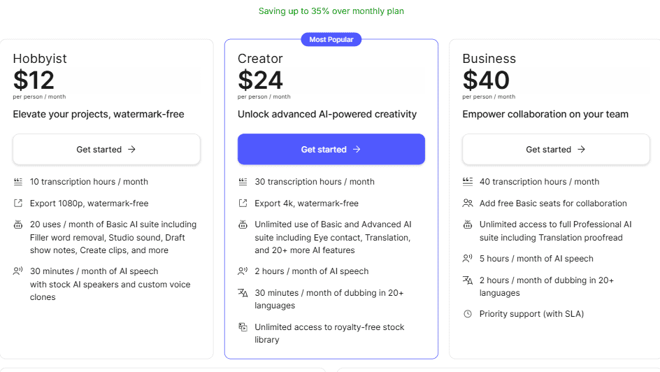 Descript Pricing Plans 