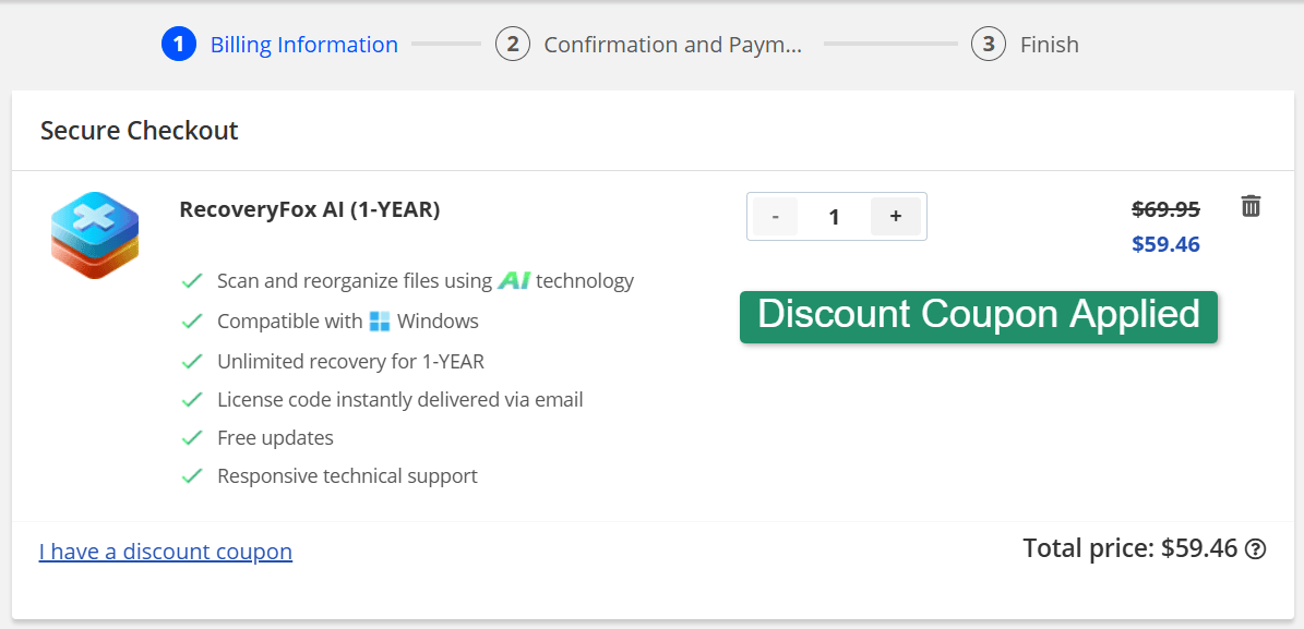 RecoveryFox AI Coupon Codes, Save Up to 65% on Data Recovery Tools 2 Recovery Fox Checkout with Discount Coupon