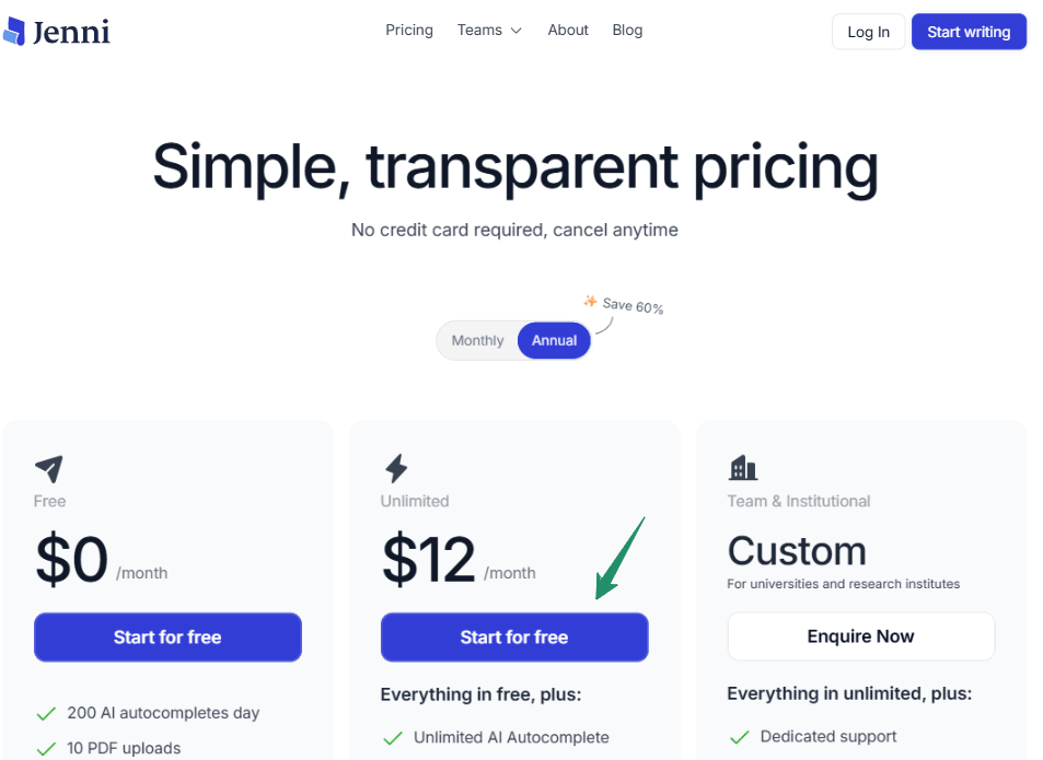 Jenni AI Pricing Plans