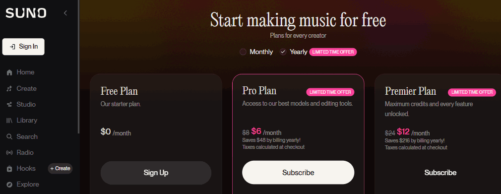 Suno ai pricing plans