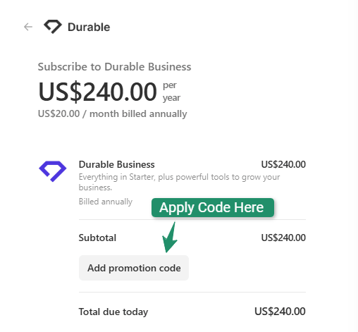 Apply promotion code at durable
