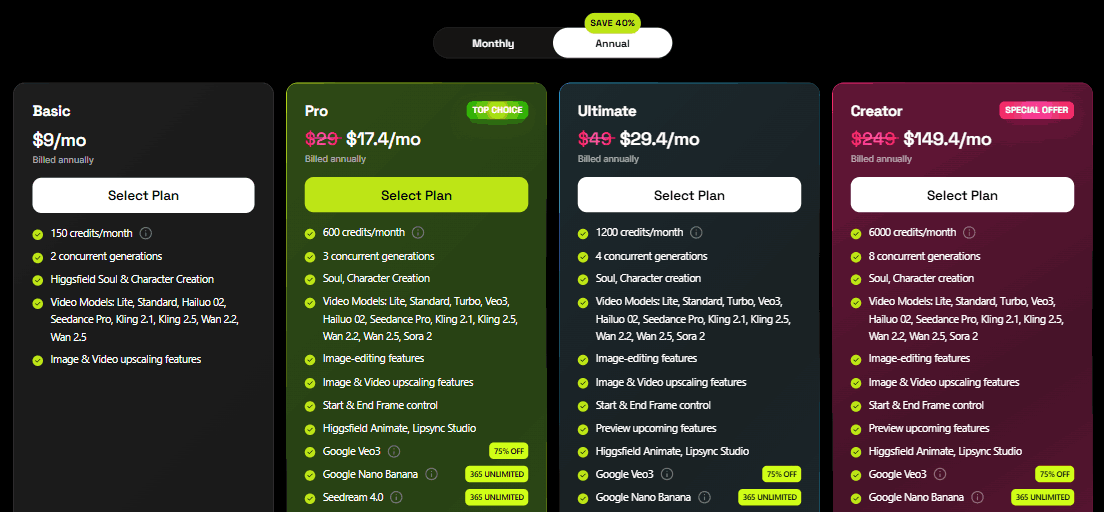 Higgsfield AI Discount Codes & Promo Offers – Save 70% on AI Video Tools 1 Higgsfield AI Pricing Plans