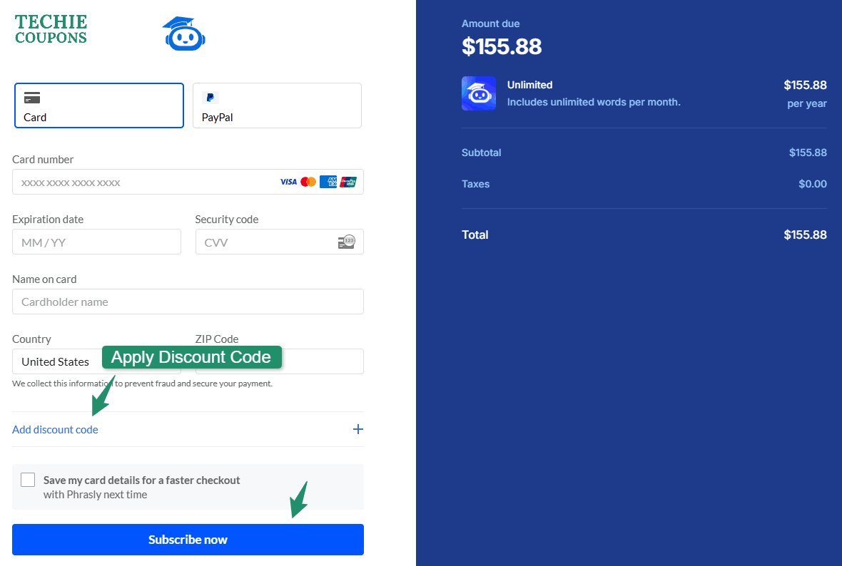 Phrasly AI Coupon Codes & Deals – Save 75% on AI Writing 2 Phrasly AI Checkout Page Apply Discount Code here