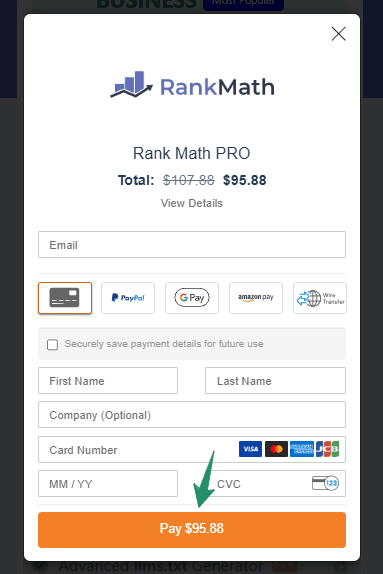 Rank Math Coupon Codes & Discounts, Save 55% on WordPress SEO Plugin 1 Rank Math Checkout Page