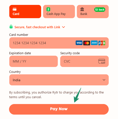 Rytr Coupon Codes & AI Writing Deals – Save 80% Instantly 4 Rytr payment option checkout page