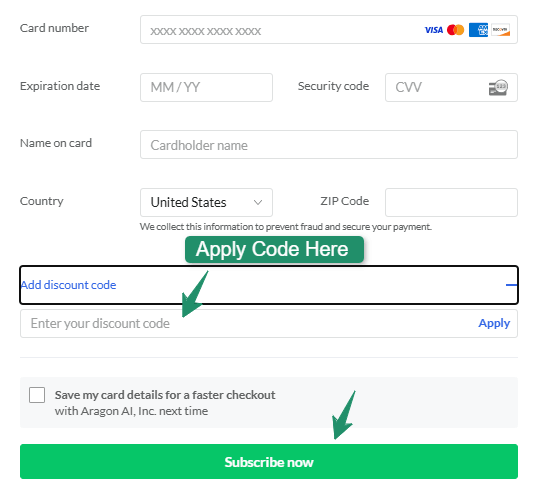 Aragon ai checkout page - apply discount code here