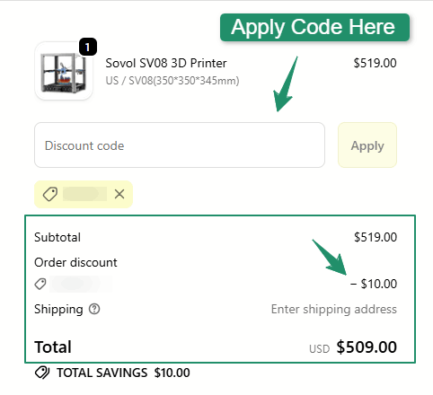 Checkout- page SOVOL apply coupon code