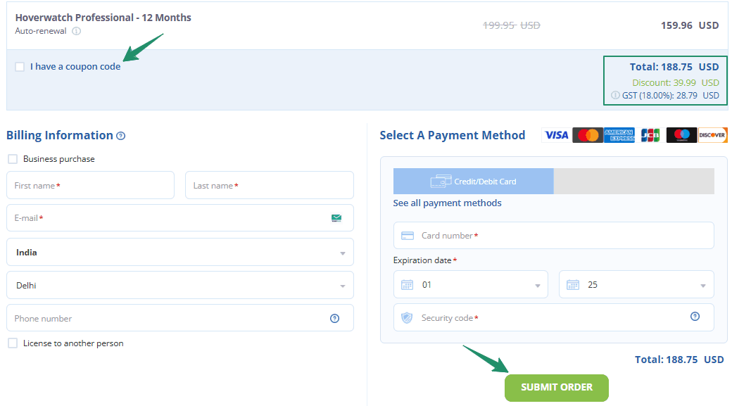 Hoverwatch checkout page