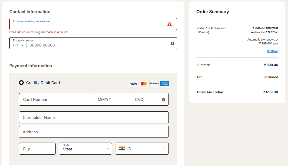 Norton Family Checkout Page