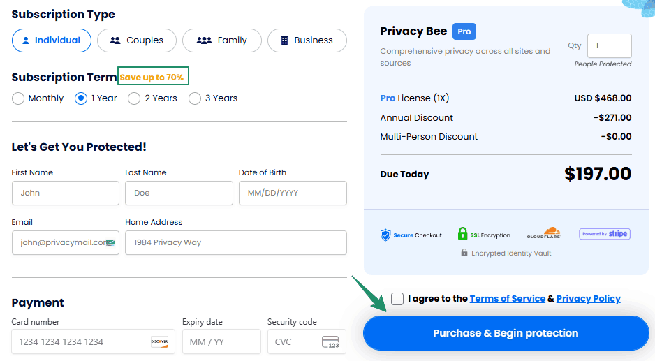 Privacy-Bee checkout pricing plan