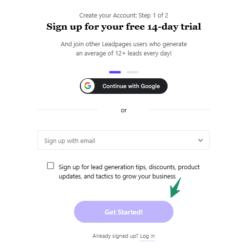 LeadPages Coupon Codes & Deals – Save 70% Instantly on Landing Pages 2 Leadpages Sign Up Create new account